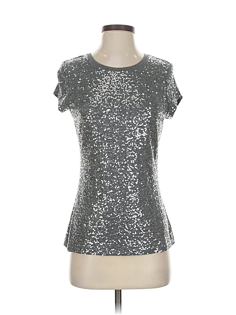 Pre-owned Inc International Concepts Short Sleeve Top Silver Metallic Pattern Scoop Neck Tops