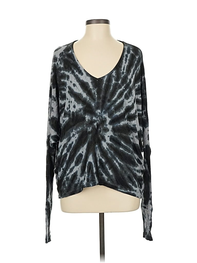 SEN Pre-owned Long Sleeve Top Black Tie-dye Pattern Plunge Neckline Tops