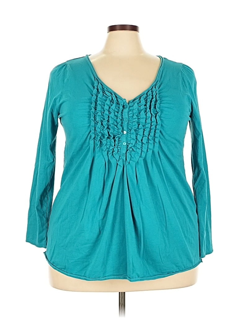 Pre-owned Lane Bryant Long Sleeve Top Teal Open Neckline Tops In Blue