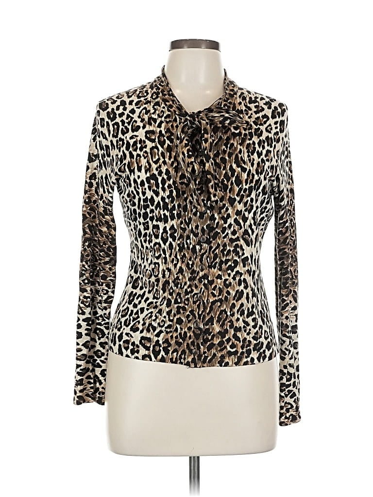 Pre-owned Etcetera Long Sleeve Top Brown Animal Print Pattern Tie Neck Tops