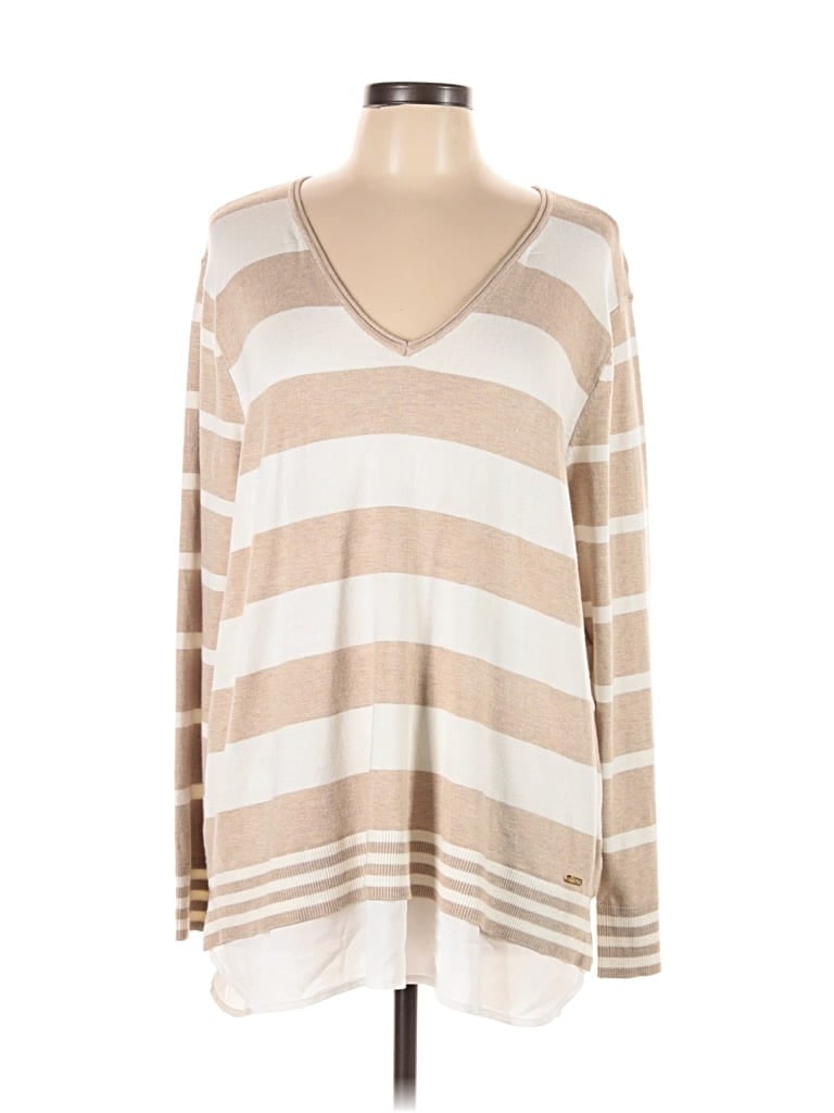 Pre-owned Calvin Klein Long Sleeve Top Tan V Neck Tops In Brown