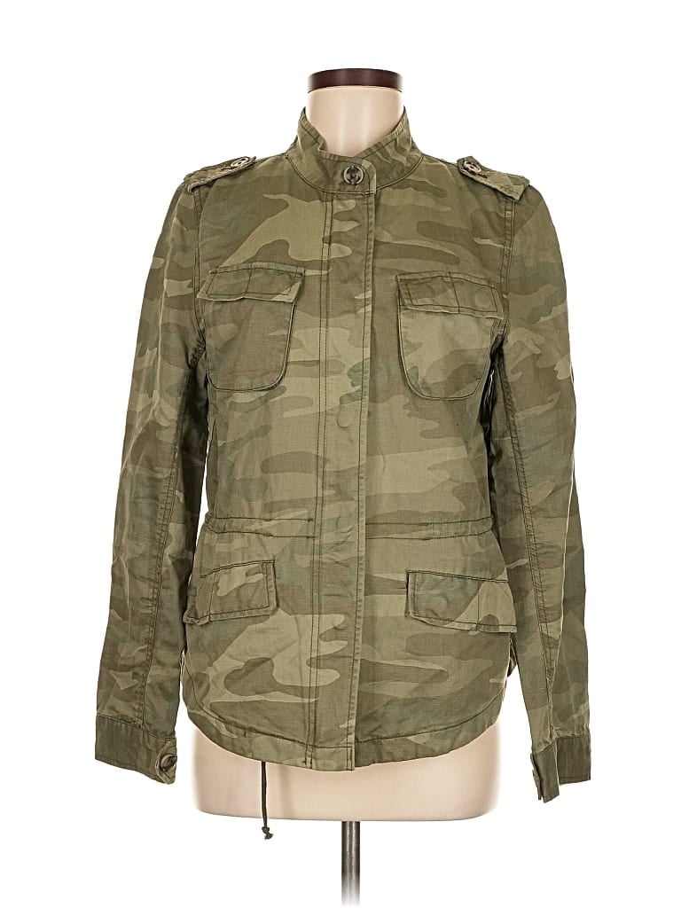 Pre-owned Ann Taylor Loft Long Sleeve Top Green Camo Pattern Mock Neckline Tops