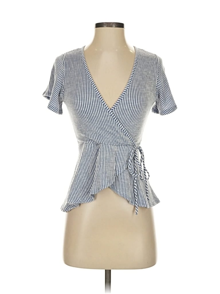 Pre-owned Caution To The Wind Short Sleeve Top Blue Plunge Neckline Tops