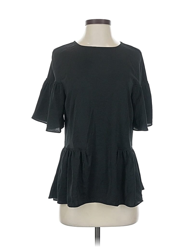 ANN TAYLOR Pre-owned Short Sleeve Top Black Ruffles Neckline Tops