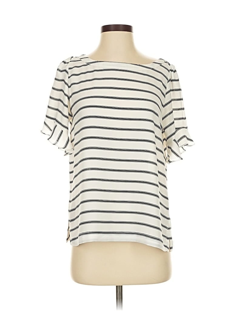 Pre-owned Ann Taylor Loft Short Sleeve Top Ivory Stripes Pattern Boatneck Tops In White