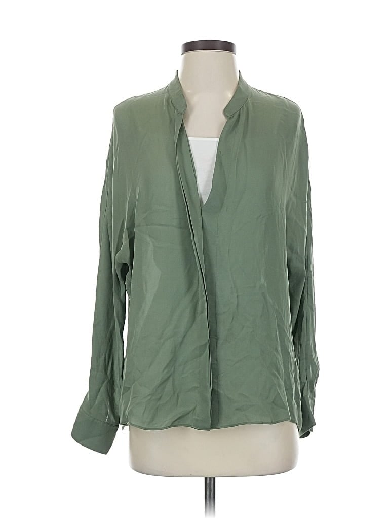 Pre-owned Vince Long Sleeve Silk Top Green Plunge Neckline Tops