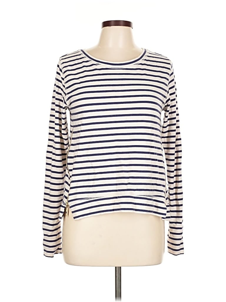 STELLA & DOT Pre-owned Long Sleeve Top Ivory Stripes Pattern Boatneck Tops In White