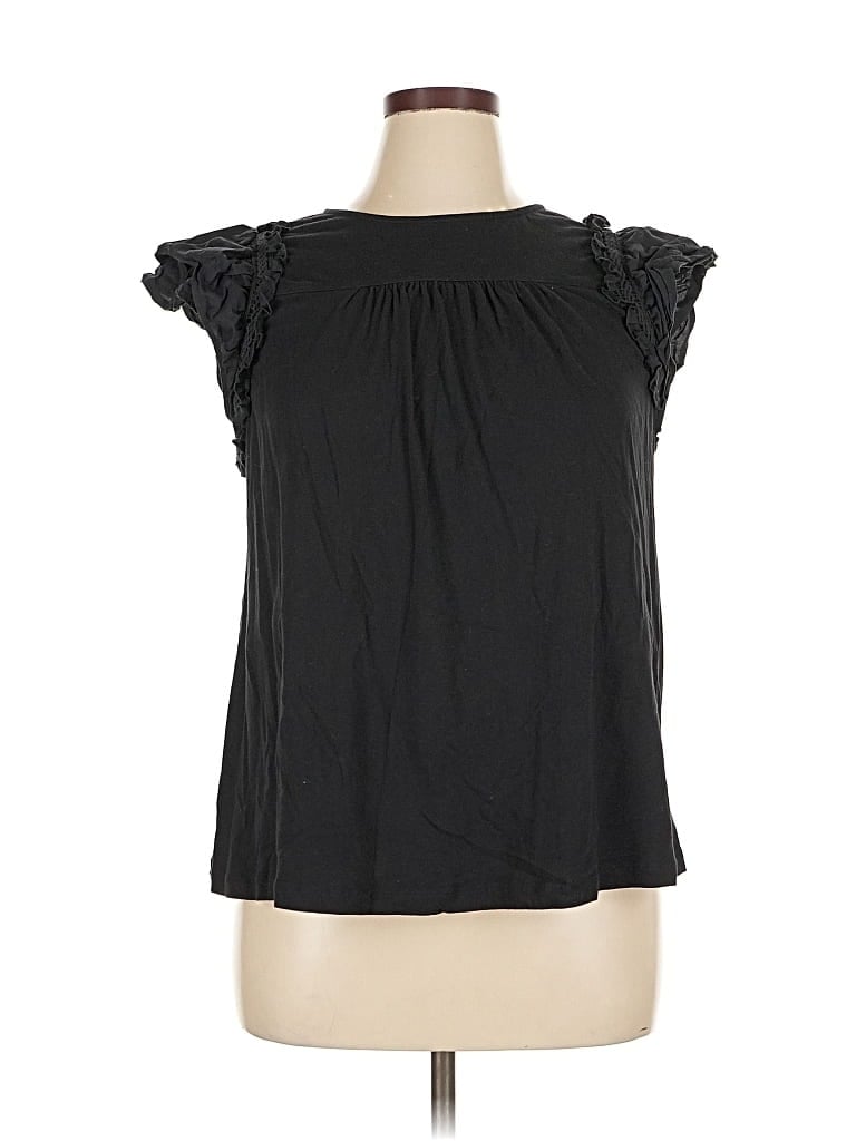 Pre-owned Ann Taylor Loft Short Sleeve Top Black Ruffles Neckline Tops