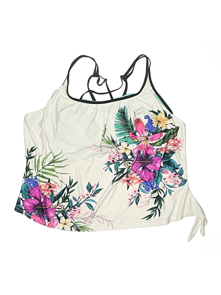 Pre-owned Free Country Swimsuit Top White Floral Pattern Swimwear
