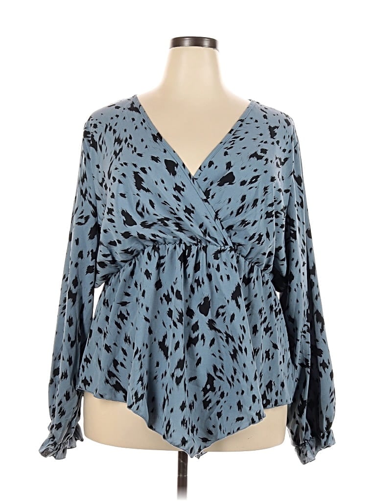 Pre-owned Shein Curve Long Sleeve Top Blue Plunge Neckline Tops