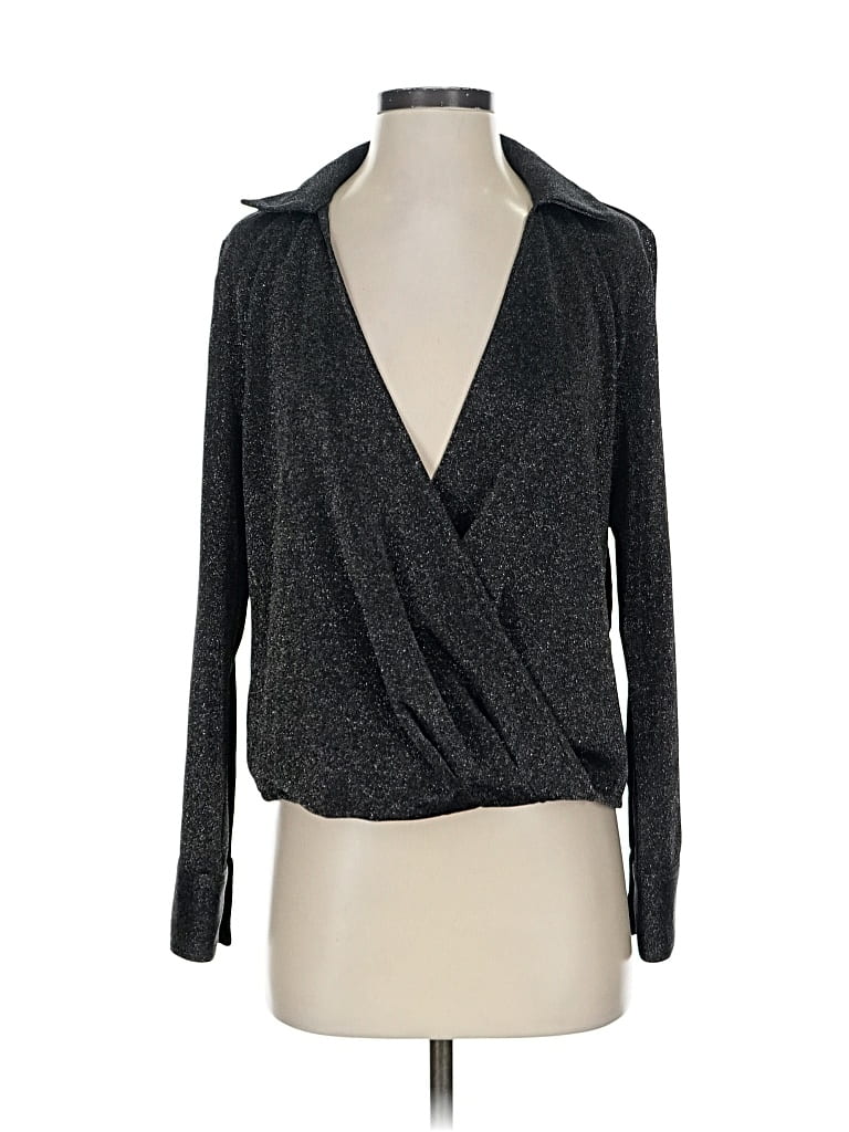 Pre-owned Calvin Klein Long Sleeve Top Gray Plunge Neckline Tops