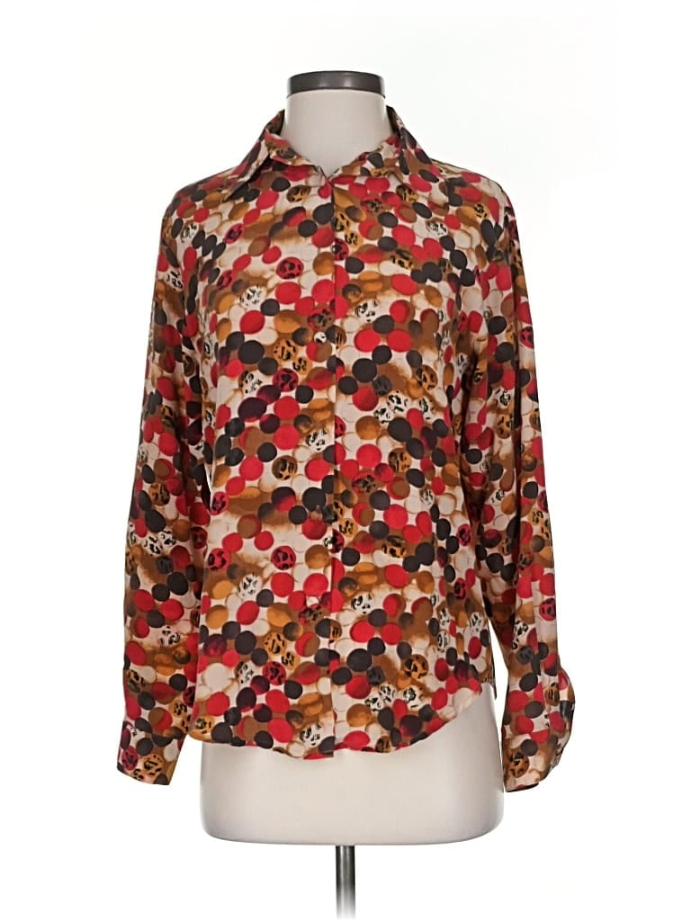 Pre-owned Allison Taylor Long Sleeve Silk Top Red Floral Pattern Collared Neckline Tops