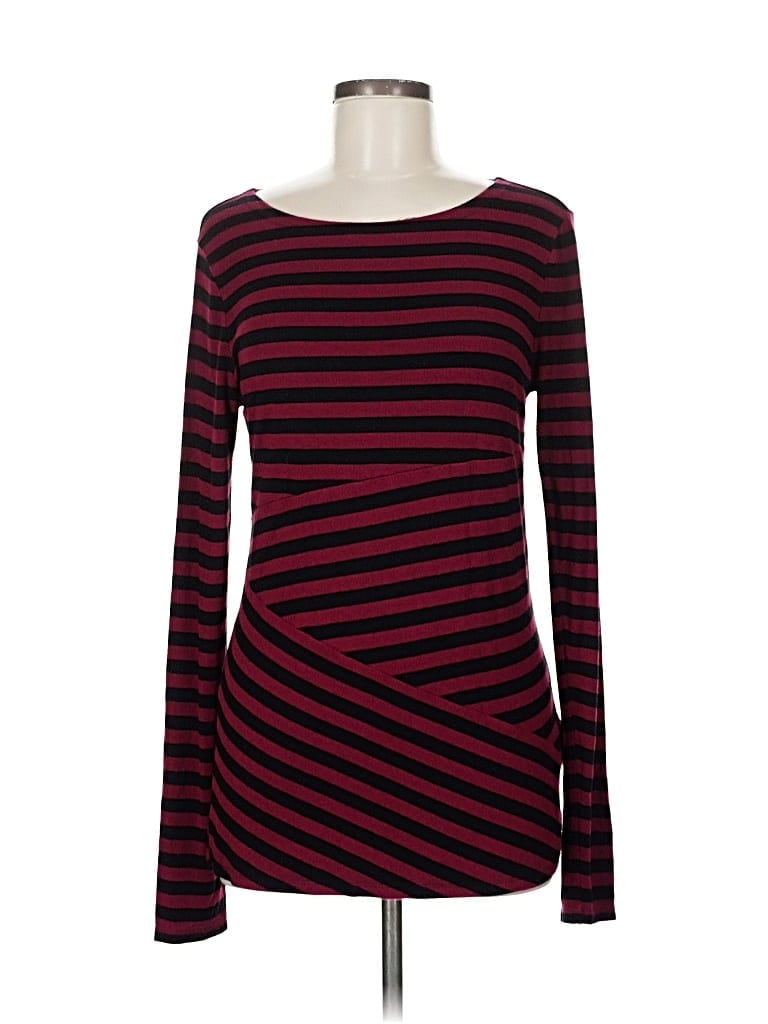 Pre-owned Dana Buchman Long Sleeve Top Burgundy Stripes Pattern Boatneck Tops