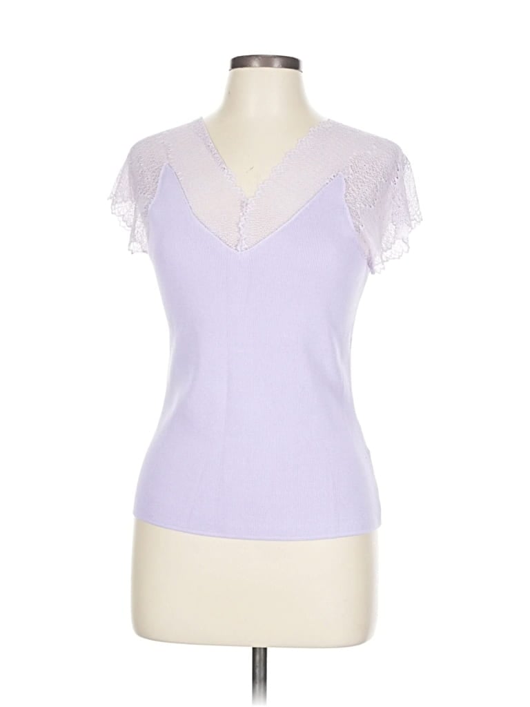 Pre-owned Nicole Miller Short Sleeve Top Purple Sweetheart Neckline Tops