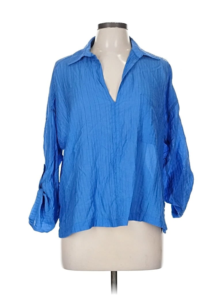 Pre-owned Max Studio 3/4 Sleeve Button Down Shirt In Blue