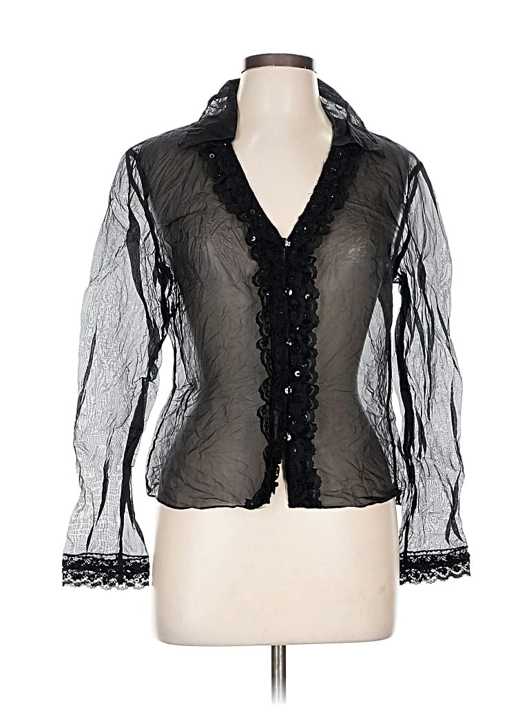 Pre-owned Cachet Long Sleeve Silk Top Black Plunge Neckline Tops