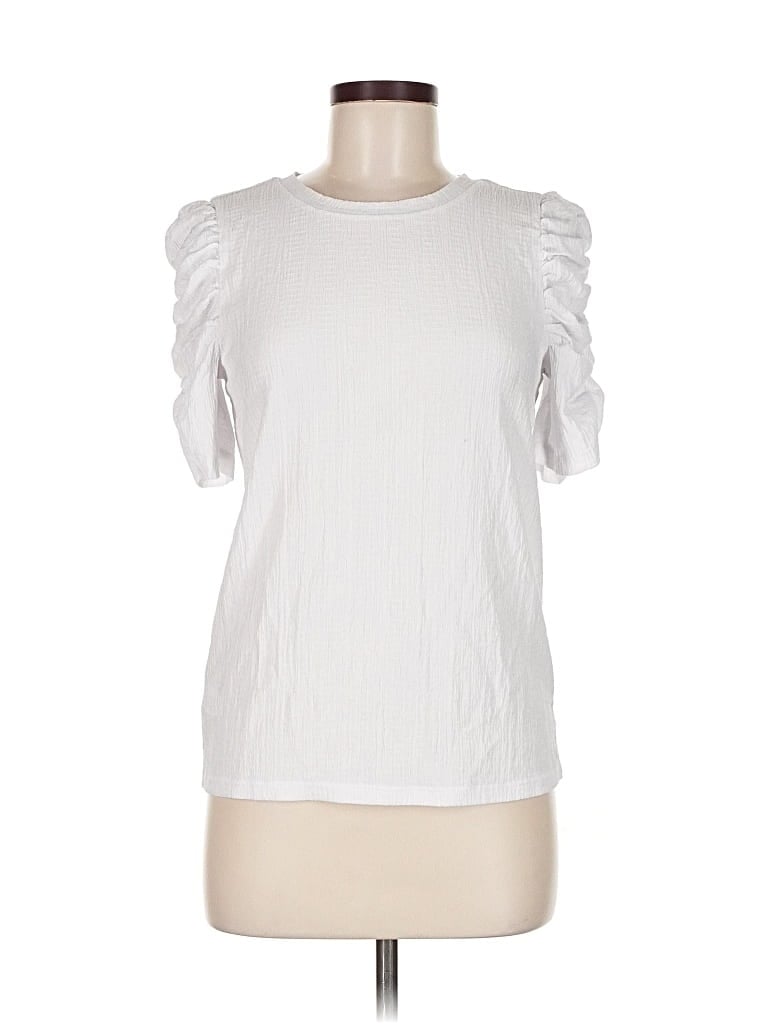 Pre-owned Ann Taylor Loft Short Sleeve Top White Ruffles Neckline Tops