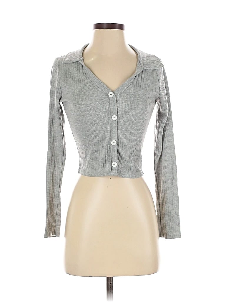 Pre-owned Caution To The Wind Long Sleeve Top Gray Solid Pattern Sweetheart Neckline Tops