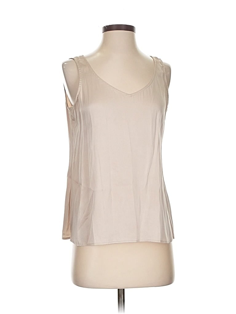 EILEEN FISHER Pre-owned Sleeveless Silk Top Tan Solid Pattern V-neck Tops In Brown