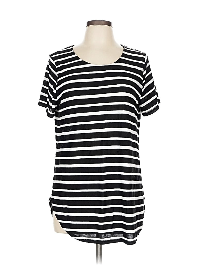 Pre-owned Zenergy By Chico's Short Sleeve Top Black Stripes Pattern Scoop Neck Tops