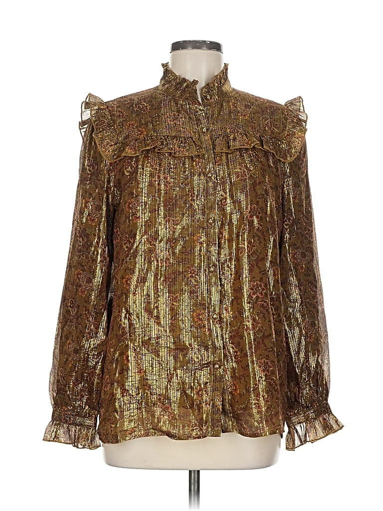 Pre-owned Louise Misha Long Sleeve Silk Top Gold Metallic Pattern Ruffles Neckline Tops