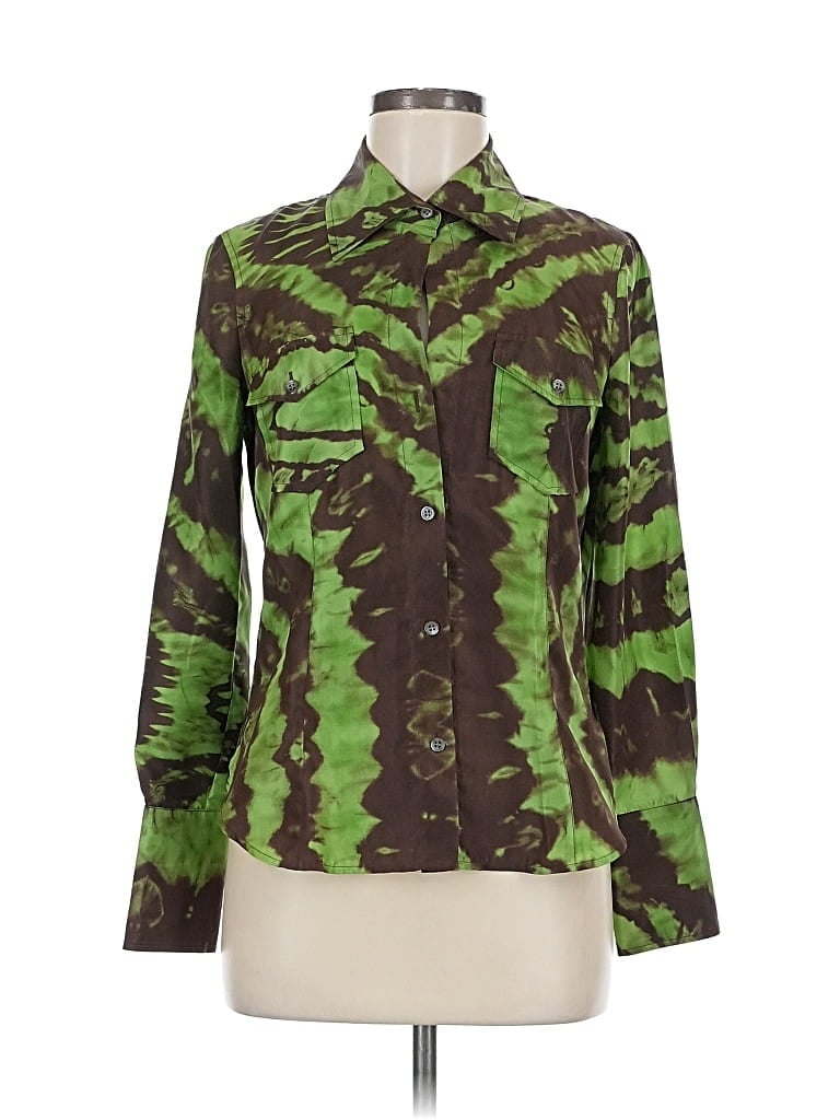 Pre-owned Bcbgmaxazria Long Sleeve Silk Top Green Camo Pattern Cowl Neck Tops