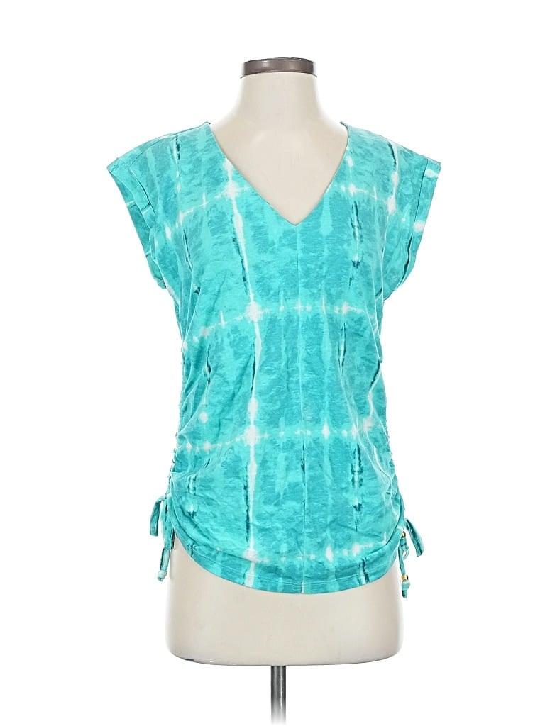 Pre-owned Inc International Concepts Short Sleeve Top Teal Tie-dye Pattern V Neck Tops In Blue
