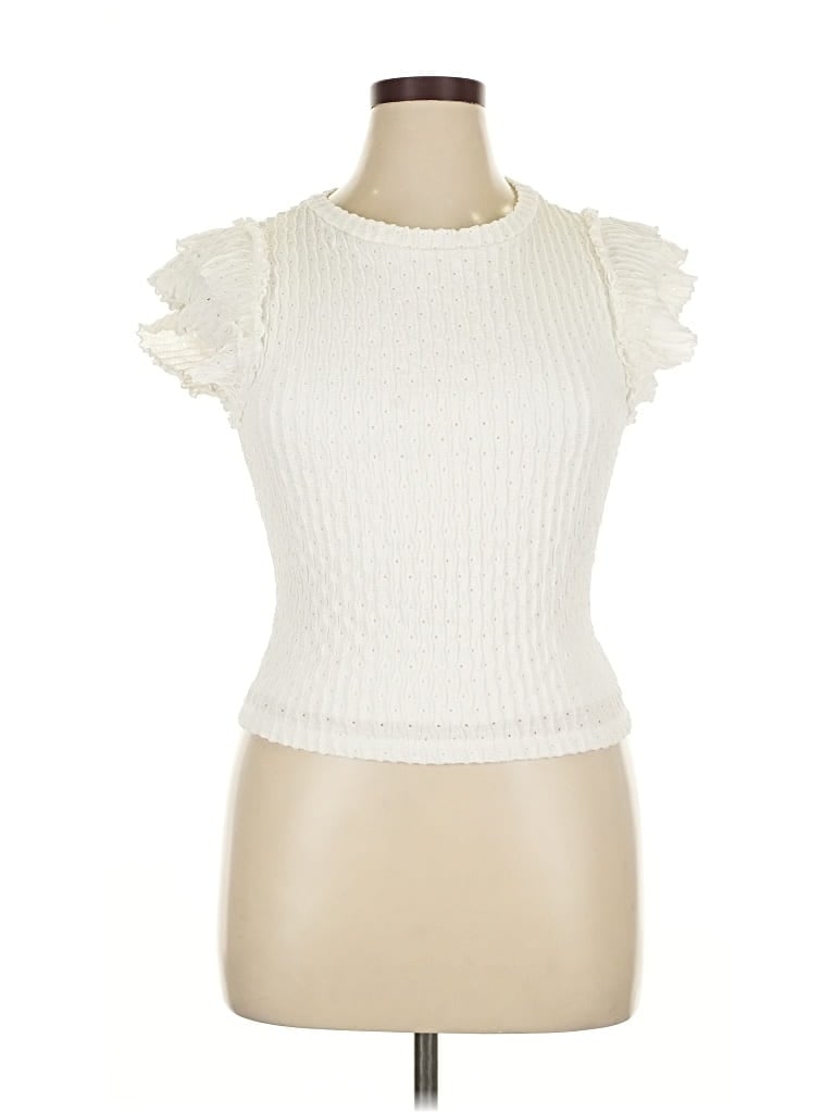 Pre-owned Atelier Short Sleeve Top Ivory Ruffles Neckline Tops In White