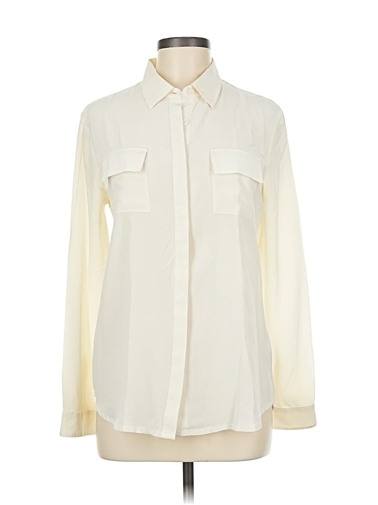 Pre-owned Garnet Hill Long Sleeve Silk Top Ivory Color Block Pattern Collared Neckline Tops In White