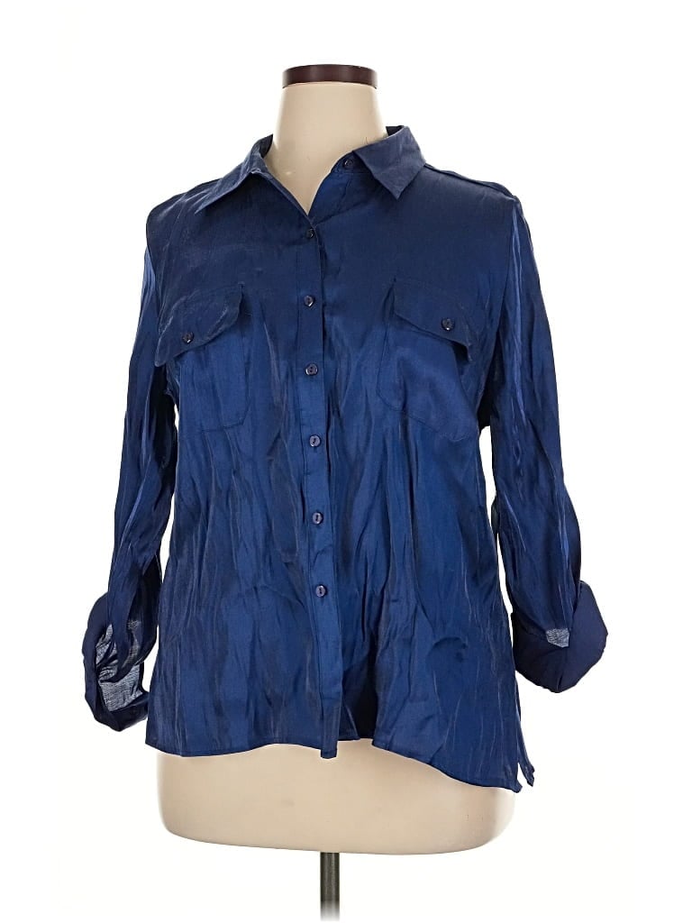 Pre-owned Kim Rogers 3/4 Sleeve Button Down Shirt In Blue
