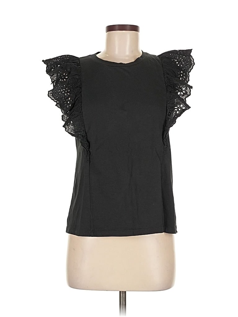 Pre-owned J.crew Factory Store Short Sleeve Top Black Ruffles Neckline Tops
