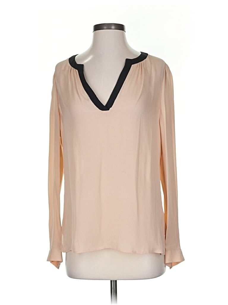 Pre-owned Joie Long Sleeve Silk Top Tan Open Neckline Tops In Brown