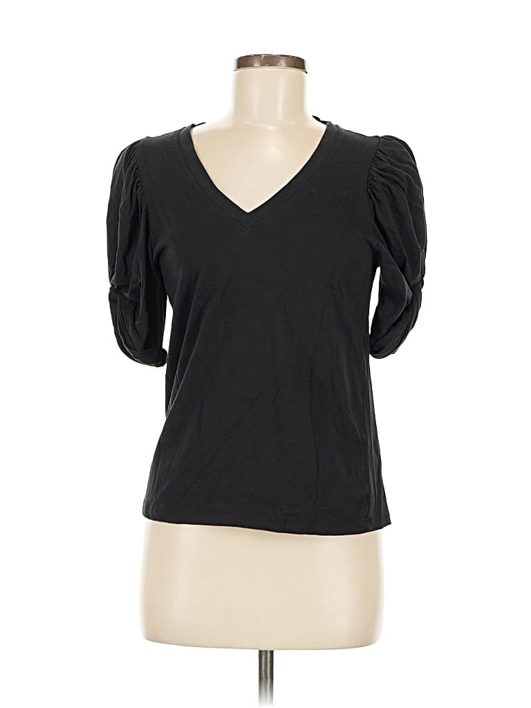 Pre-owned 7 For All Mankind Short Sleeve Top Black Solid Pattern V-neck Tops