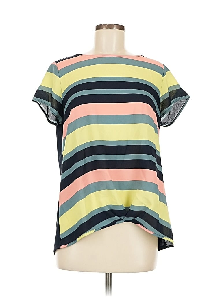 Pre-owned Ann Taylor Factory Short Sleeve Top Green Stripes Pattern Scoop Neck Tops