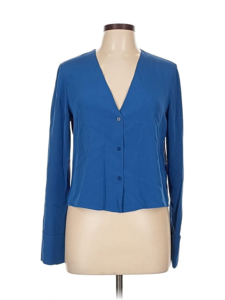 Pre-owned Diane Von Furstenberg Long Sleeve Silk Top Blue Plunge Neckline Tops