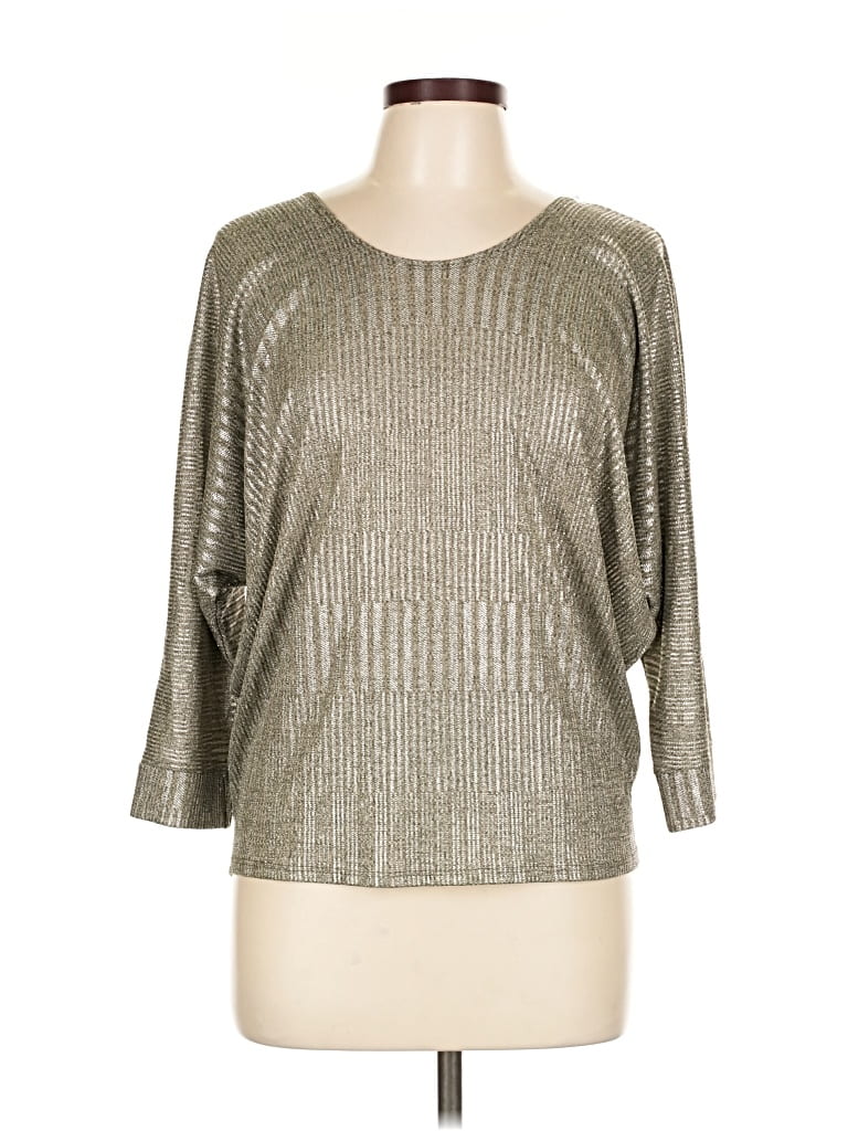 Pre-owned Kim & Cami 3/4 Sleeve Top Silver Metallic Pattern Boatneck Tops