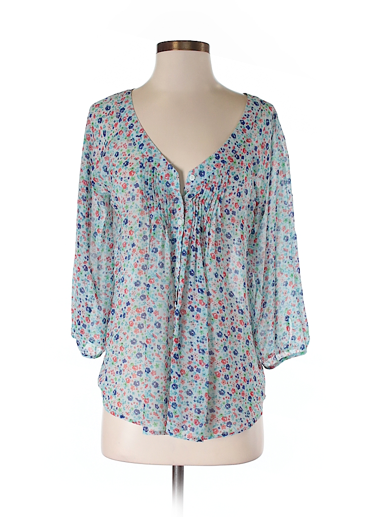 Lauren Conrad 100% Polyester Floral Dark Blue 3/4 Sleeve Blouse Size S ...