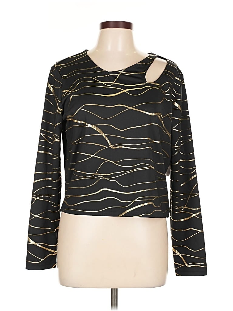Pre-owned Ny & C Long Sleeve Top Gold Metallic Pattern One Shoulder Neckline Tops