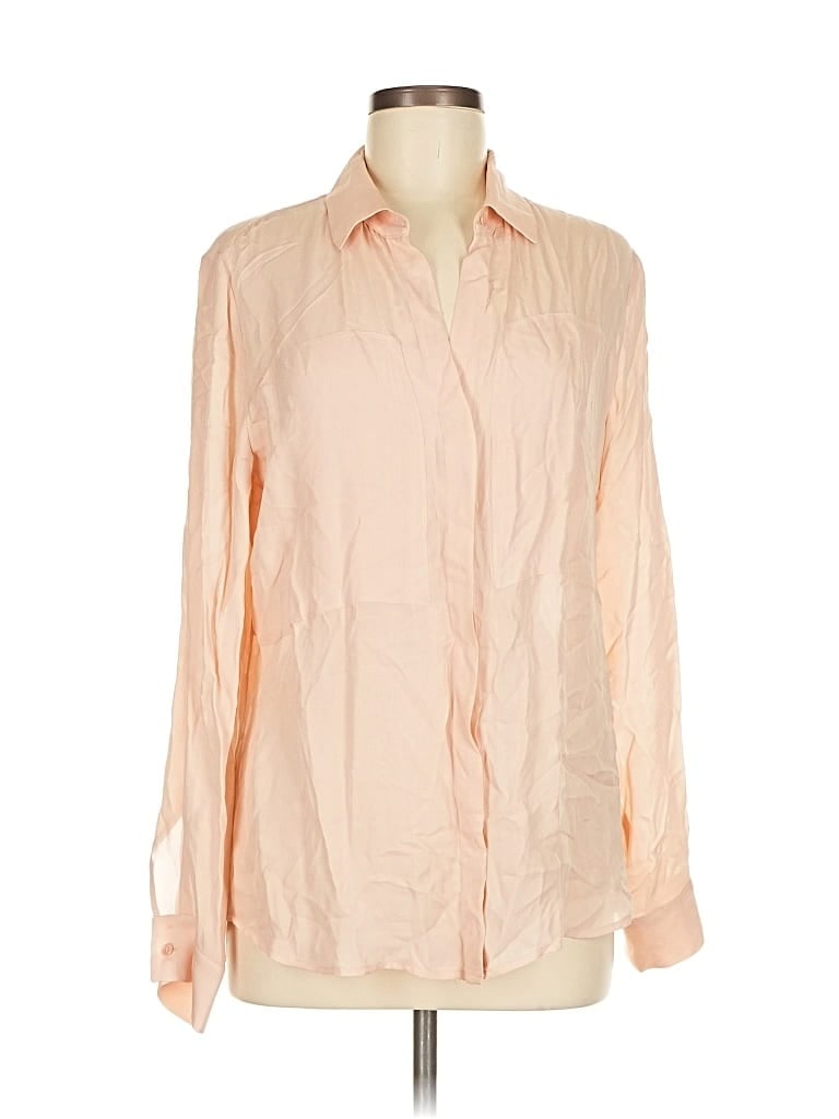 Pre-owned Theory Long Sleeve Silk Top Pink Collared Neckline Tops