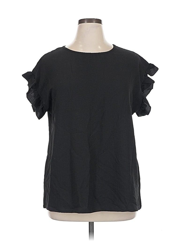 Pre-owned Emery Rose Short Sleeve Top Black Ruffles Neckline Tops