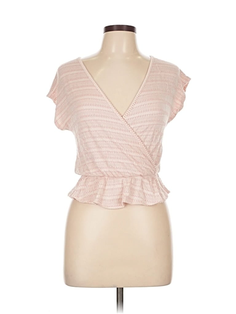 Pre-owned Caution To The Wind Short Sleeve Top Pink Plunge Neckline Tops