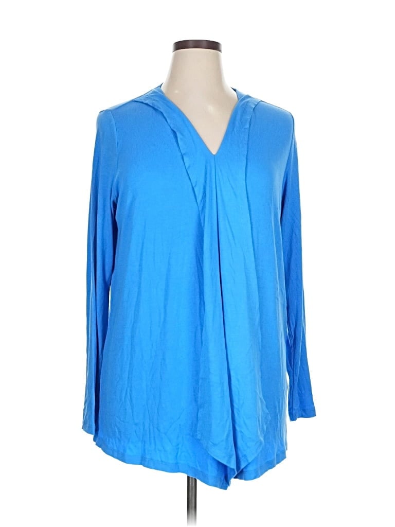 Pre-owned Belle By Kim Gravel Long Sleeve Top Blue Tie Neck Tops