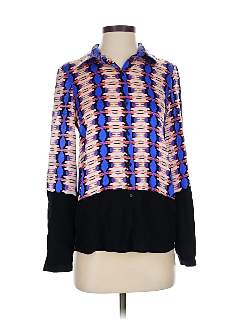 Pre-owned Twelfth Street By Cynthia Vincent Long Sleeve Silk Top Blue Print Pattern Collared Neckline Tops