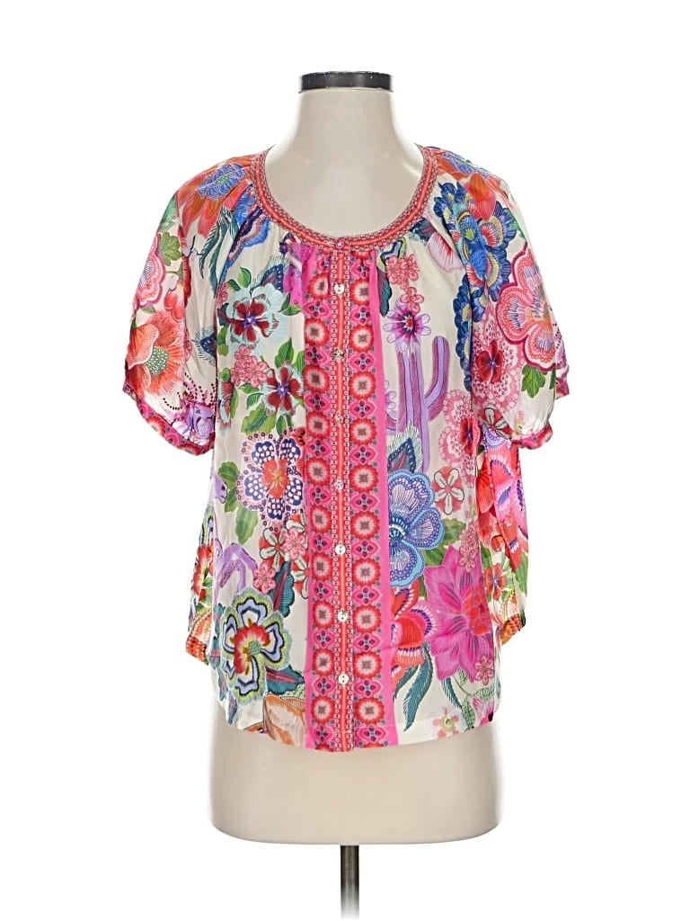 Click to view more detailed imagery on our partner's website Pre-owned Johnny Was Short Sleeve Silk Top Pink Sweetheart Neckline Tops