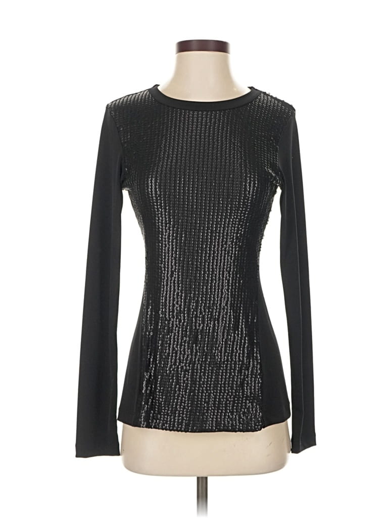 Pre-owned Anatomie Long Sleeve Top Black Metallic Pattern Keyhole Neckline Tops