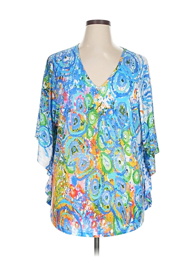 Pre-owned Lily By Firmiana Short Sleeve Top Blue Plunge Neckline Tops