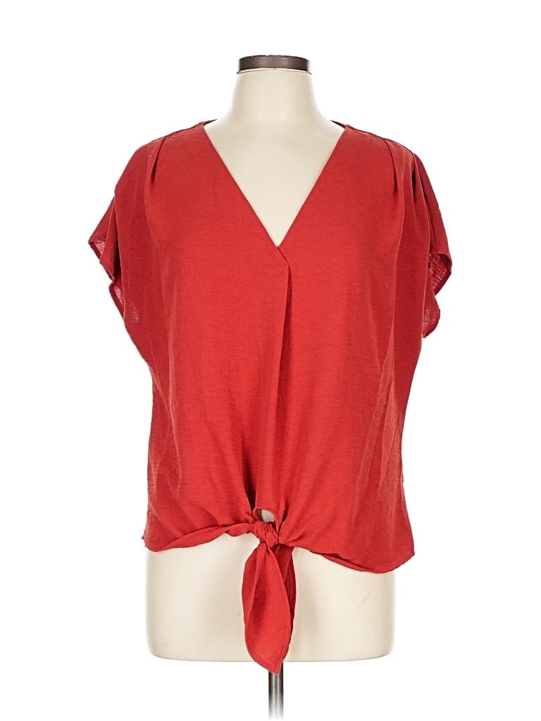 BEACON Pre-owned Short Sleeve Top Red Plunge Neckline Tops