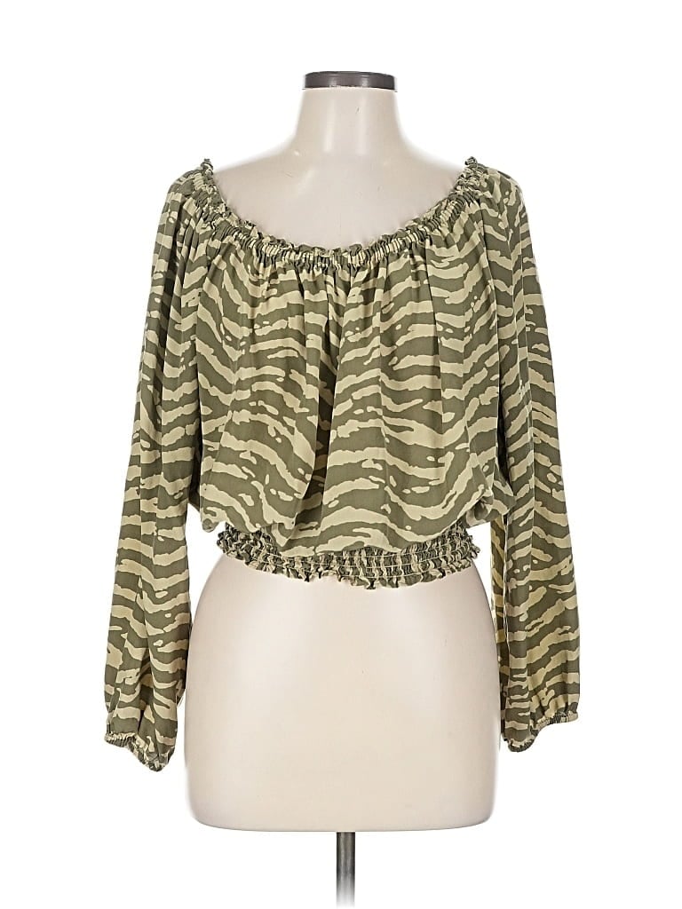 Pre-owned Michael Michael Kors Long Sleeve Silk Top Green Off The Shoulder Neckline Tops