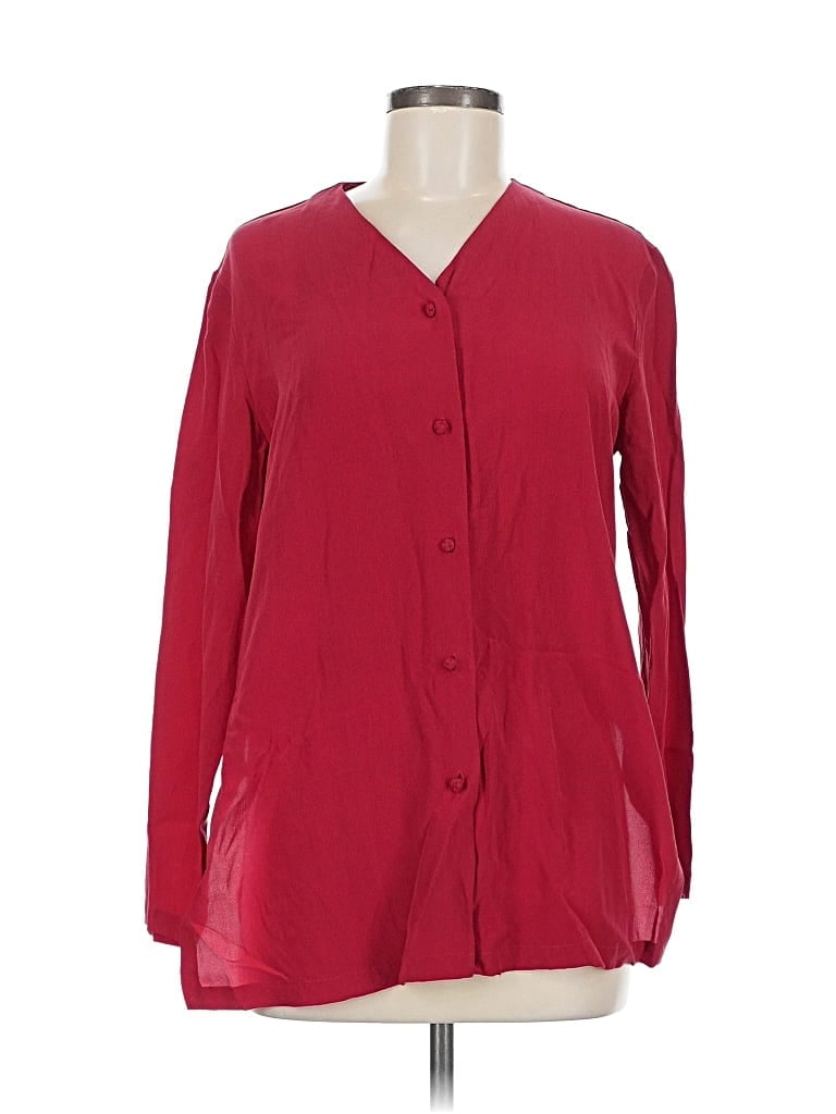 Pre-owned August Silk Long Sleeve Silk Top Red V Neck Tops