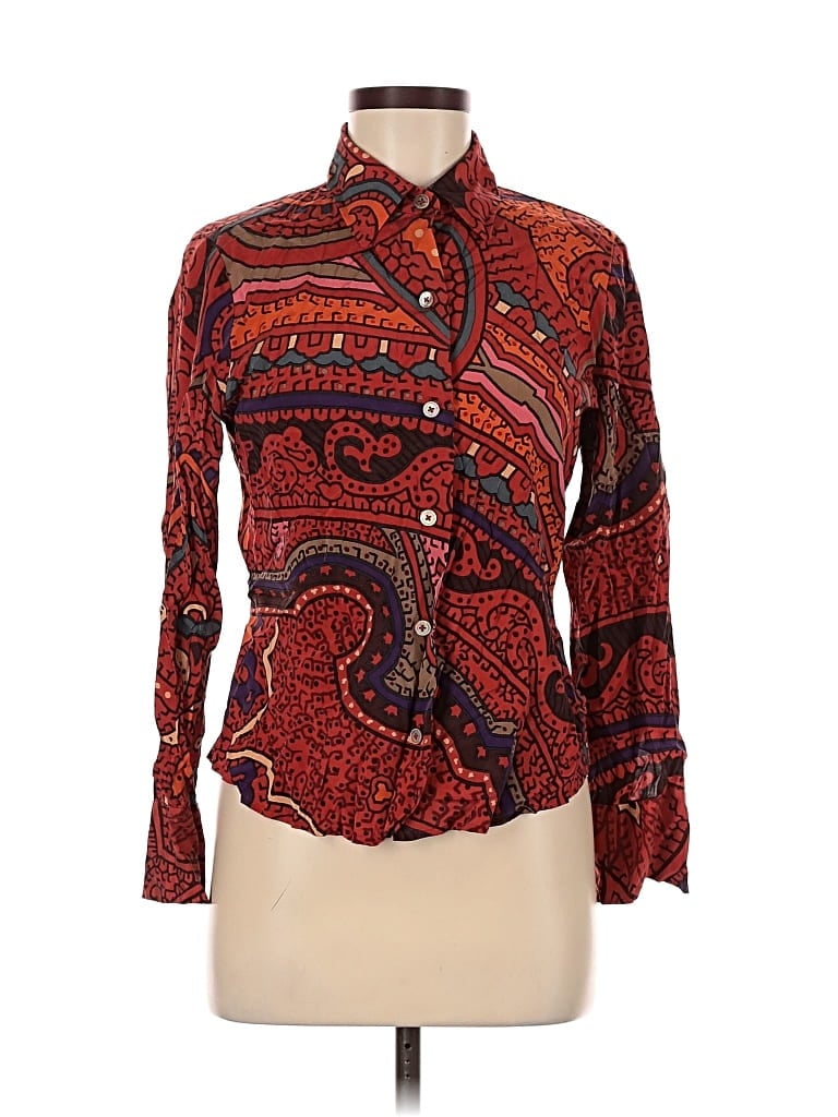 Pre-owned Linda Allard Ellen Tracy Long Sleeve Silk Top Red Paisley Pattern Tie Neck Tops